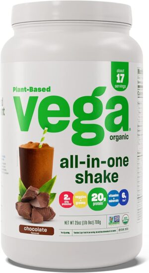 Vega Organic All-in-One Vegan Protein Powder, Chocolate - Superfood Ingredients, Vitamins for Immunity Support, Keto Friendly, Pea Protein for Women & Men, 25 Oz (Packaging May Vary)