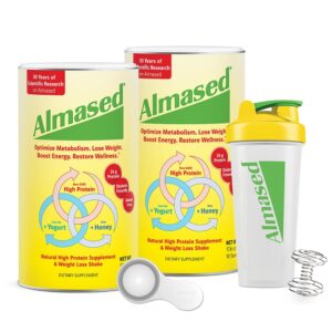 Almased Protein Powder for Weight Loss Kit for Men & Women, Natural Meal Replacement Shake for Weight Loss, Supplement, 24 Grams of Protein Per Serving (Original Flavor, 2 Cans @ 17.6 oz ea + Shaker Bottle + Scoop)