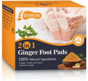 2 in 1 Foot Pads, 30 Pads Ginger Bamboo Wormwood Foot Pads, Tear and Use, with Pure Natural Ginger Powder Bamboo Vinegar Wormwood, Bigger Adhesive ''Stay in Place'' All Night Pads