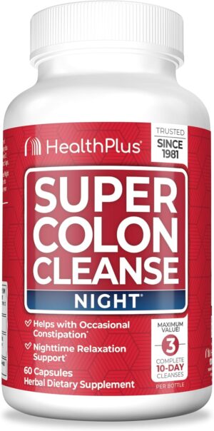 Health Plus Super Colon Cleanse Night Formula Digestive Support | Constipation Relief to Reduce Bloating with Probiotics and Valerian Root for Sleep | More than 1 Cleanse, 60 Capsules