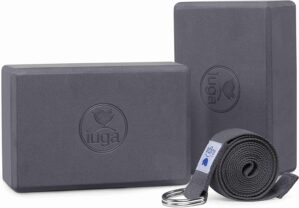 IUGA Yoga Blocks 2 Pack With Strap Non Slip High Density 9"x6"x3" Solid & Cork Yoga Block With Yoga Strap to Improve Strength Balance for Yoga Pilates Meditation