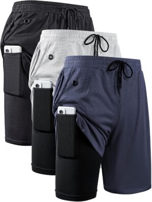 JWJ 3 Pack Mens 2 in 1 Running Shorts Quick Dry Gym Athletic Workout Shorts with Compression Liner