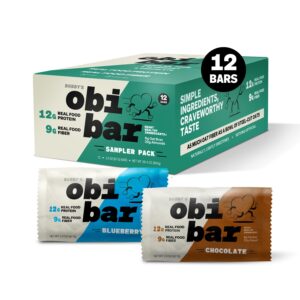 Obi Bar Sampler - Protein and Oat Fiber Bar | Natural, Clean Ingredients | Subtle and Lightly Sweet Taste | Sustained Energy | 6 Chocolate Almond and 6 Blueberry Almond | Soy Free, Dairy Free, No Sugar Alcohol | 2.4oz, 12 Pack