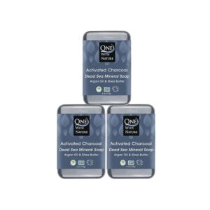One With Nature Dead Sea Salt Activated Charcoal Soap 4oz 3Pk-Dead Sea Salt for Face and Body Contains Magnesium, Sulfur and 21 Essential Minerals, Soap for Eczema, Plant-based