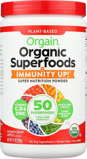 Orgain Organic Greens + 50 Superfoods Immunity Up! Powder, Honeycrisp Apple - Immune Support, Probiotics, Vitamin C, D & Zinc, Apple Cider Vinegar, Ashwagandha, Cordyceps & Reishi Mushrooms - 0.62lb