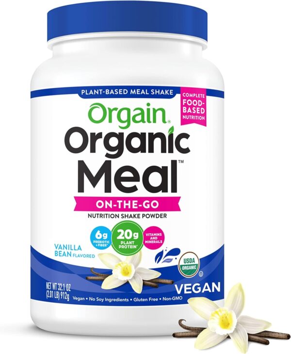Orgain Organic Meal, Vegan Meal Replacement Protein Powder, Vanilla Bean - 20g Plant Based Protein, 6g Prebiotic Fiber, Fruits, Vegetables & Greens, Gluten Free, Shakes & Smoothies, 2.01lb