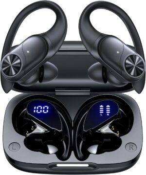 PocBuds Bluetooth Headphones Wireless Earbuds 80hrs Playtime Wireless Charging Case Digital Display Sports Ear Buds with Earhook Deep Bass IPX7 Waterproof Over-Ear Earphones for TV Phone Laptop Black