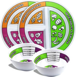 Portion Control Bariatric Plates and Bowls Set of 2 (4pcs Total) - Self-Measuring Plates and Bowls for Weight Loss, Gastric Bypass Surgery, LapBand, Diabetes and Healthier Diets, for Adults & Children