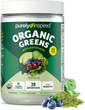 Purely Inspired Organic Green Powder Smoothie Mix, Unflavored (24 Servings) - Probiotics for Digestive Health with Spirulina & Chlorella for Gut Health - Vegan & Gluten-Free