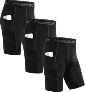 Roadbox Men's Compression Shorts with Pockets, 3 Pack 9'' Performance Running Base Layer for Workout Sports Underwear