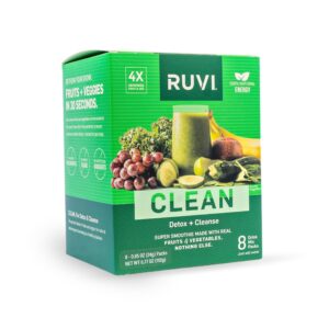 Ruvi Clean Sweet Greens Flavor Fruit & Veggie 30-Second Smoothie. For Detox + Gut Health. Freeze Dried Powder Mix with Nothing Added. Pack of 8.