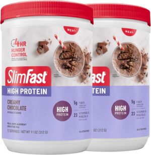 SlimFast High Protein Meal Replacement Shake Powder, 12 Servings (Pack of 2), Advanced Nutrition Smoothie Mix, Digestive Support, Gluten Free, Creamy Chocolate, 20g of Protein (Packaging May Vary)
