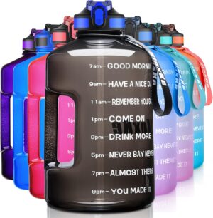 1 Gallon Motivational Sports Water Bottle with Time Marker, BPA Free 128oz Leak Proof Jug, Black, Plastic, 128 ounces, Fitness, Sports, Outdoor Activities