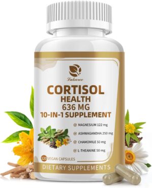 10-in-1 Cortisol Supplements with Magnesium, Ashwagandha, Chamomile, L-Theanine, Phosphatidylserine, St. John's Wort, Rhodiola, Vitamin C & D3, for Women Men, 120 Vegan Capsules for 2 Month, Non-GMO