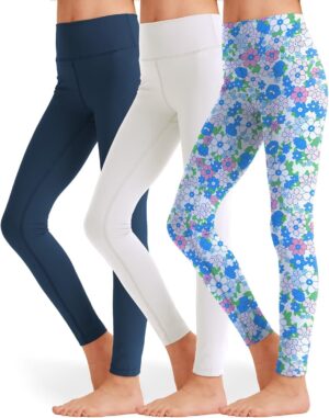 3 Pack Girls Black Athletic Leggings, Printed Ankle Length High Waisted Yoga Pants for Kids Teen