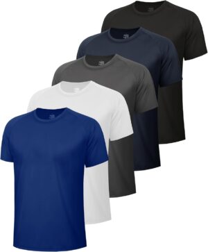 5 Pack Workout Mens T Shirts - Black Gym Dry Fit Short Sleeve Moisture Wicking Tee Tops for Athletic Work Casual Running