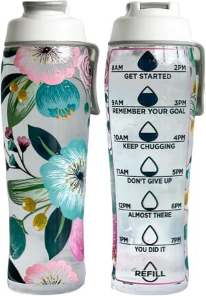 50 Strong Reusable Water Bottle with Time Markers – 30 oz BPA-Free Leakproof Bottle with Chug Cap & Easy-Carry Handle – Made in USA (Pretty Flowers)