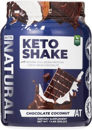 About Time Keto Shake with Bovine Collagen Protein + MCTs from Coconuts - 19g Fat, 11g Protein, 5g Net Carbs - Chocolate Coconut, 1lb Jar