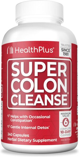 Health Plus Super Colon Cleanse 60 Day Supply of Gentle Gut Cleanse Detox, Psyllium Husk, Probiotics for Constipation Relief & Digestive Support, 240 Capsules