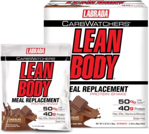 Labrada Nutrition Carb Watchers Lean Body Hi-Protein Meal Replacement Shake, Chocolate Ice Cream, 2.29-Ounce Packets (Pack of 20)