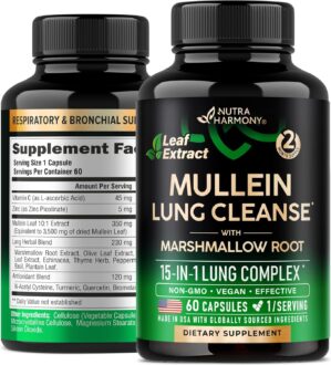 Mullein Leaf Extract for Lung Detox - Marshmallow Root | Echinacea | Oregano | Quercetin | NAC - 15-in-1 Lung Support & Cleanse for Smokers Supplement - Made in USA - As Drops, Tincture - 60 Capsules