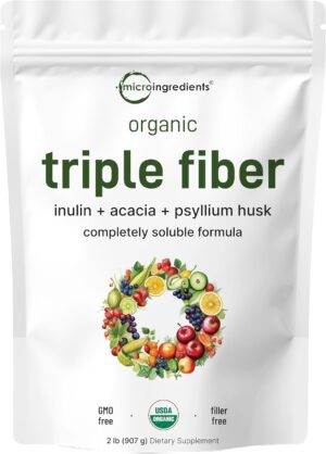 Organic Fiber Supplement (Inulin, Acacia, Psyllium Husk), 2 Pounds, 3-in-1 Formula, Daily Soluble Fiber, Unflavored, Prebiotics Supplement for Digestive Health, Hunger Control, Vegan