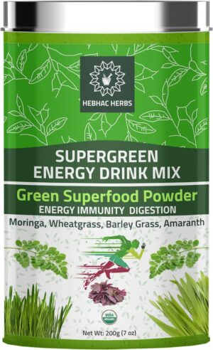 Organic Super Green Energy Drink Mix Powder 200g (7 oz) Moringa Powder, Wheat Grass Powder, Barley Grass Powders, Amaranth Powder, Greens Superfood, Natural Energy Drink Mix 200g