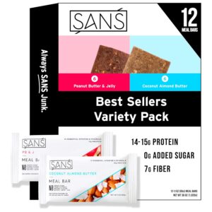 SANS Meal Replacement Protein Bar, Gluten Free, Healthy High Protein Snack, High Fiber, No Sugar Added, Dairy Free, PB&J, Coconut Almond Butter, Best Sellers Variety 12 Pack