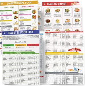 Set of 2 Diabetes Food List (1 Set - 2 Sheets), Laminated Meal Planner for Diabetics w/Serving Size, Food To Avoid, Calories, Glycemic Index, Pamphlet Healthy Grocery Nutrition List, Vitamin Chart