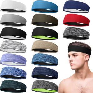 Suhine 18 Pack Sport Sweatbands Headbands for Men Women Running Workout Headbands Non Slip Moisture Wicking Sweatband Stretchy Unisex Hairband for Fitness Yoga Cycling Ball