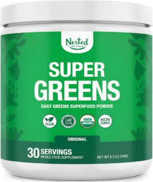 Super Greens Daily Greens Superfood Powder - Certified USDA Organic Green Powder w/20+ Whole Foods, Spirulina Powder, Wheat & Barley Grass - Probiotics, Fiber & Enzymes - Original Flavour, 30 Servings