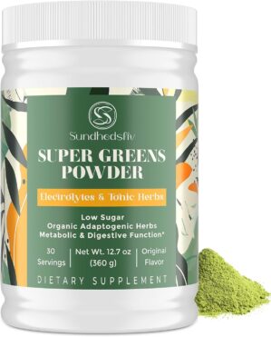 Super Greens Powder Superfood Supplement + Electrolytes & Tonic Herbs | Organic Greens, Adaptogens, Shilajit, Antioxidants, Prebiotic & Probiotic & Postbiotic | for Gut, Energy & Immune | 30 Servings