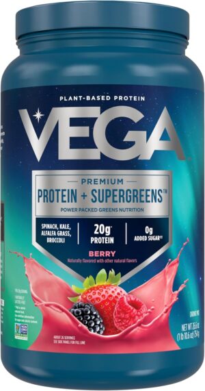 Vega Protein and Greens Protein Powder, Berry - 20g Plant Based Protein Plus Veggies, Vegan, Non GMO, Pea Protein for Women and Men, 1.7 lbs (Packaging May Vary)