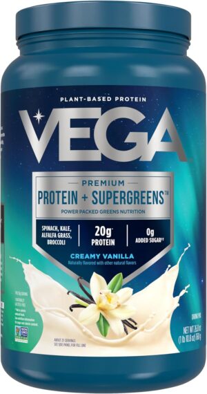 Vega Protein and Greens Protein Powder, Vanilla - 20g Plant Based Protein Plus Veggies, Vegan, Non GMO, Pea Protein for Women and Men, 1.7 lbs (Packaging May Vary)
