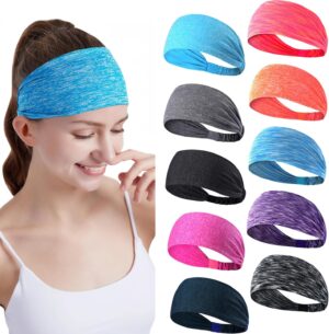 Workout Headbands for Women Sports Sweatbands Yoga Hairbands for Fitness Elastic Athletic Non Slip Wicking Headscarf for Men Womens and Girls 10 PCS (Style 3-10 Color)