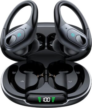 occiam Wireless Earbuds Bluetooth 5.3 Sport Headphonese with LED Charging Case, 90H Playback Sweatproof Over Ear Running Ear Buds with Earhooks Workout Earphones for iOS Android,Black